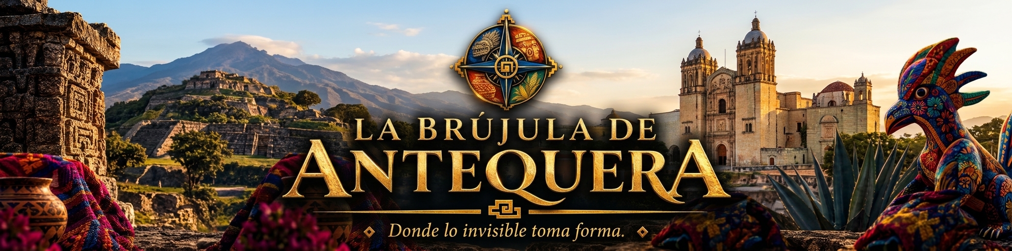 Banner de La Brújula de Antequera con paisaje, patrimonio y brújula